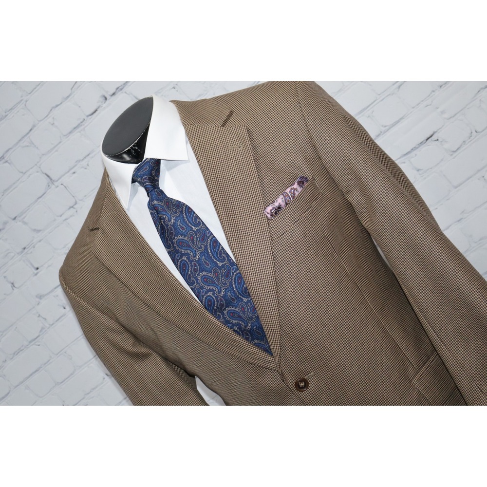Jos. A. Bank Wool Blazer Jacket Mens 42 Long Brown Tan Houndstooth Plaid 2Btn *